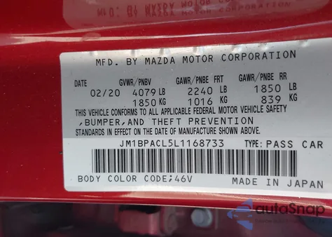 2020 Mazda Mazda3 Select Package z USA, uszkodzony, nr VIN JM1BPACL5L1168733